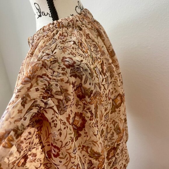 OLIVACEOUS DRESS FLORAL METALLIC DETAIL RUCHED TIERED SMOCKED SZ M FAIRY CORE - Picture 15 of 16